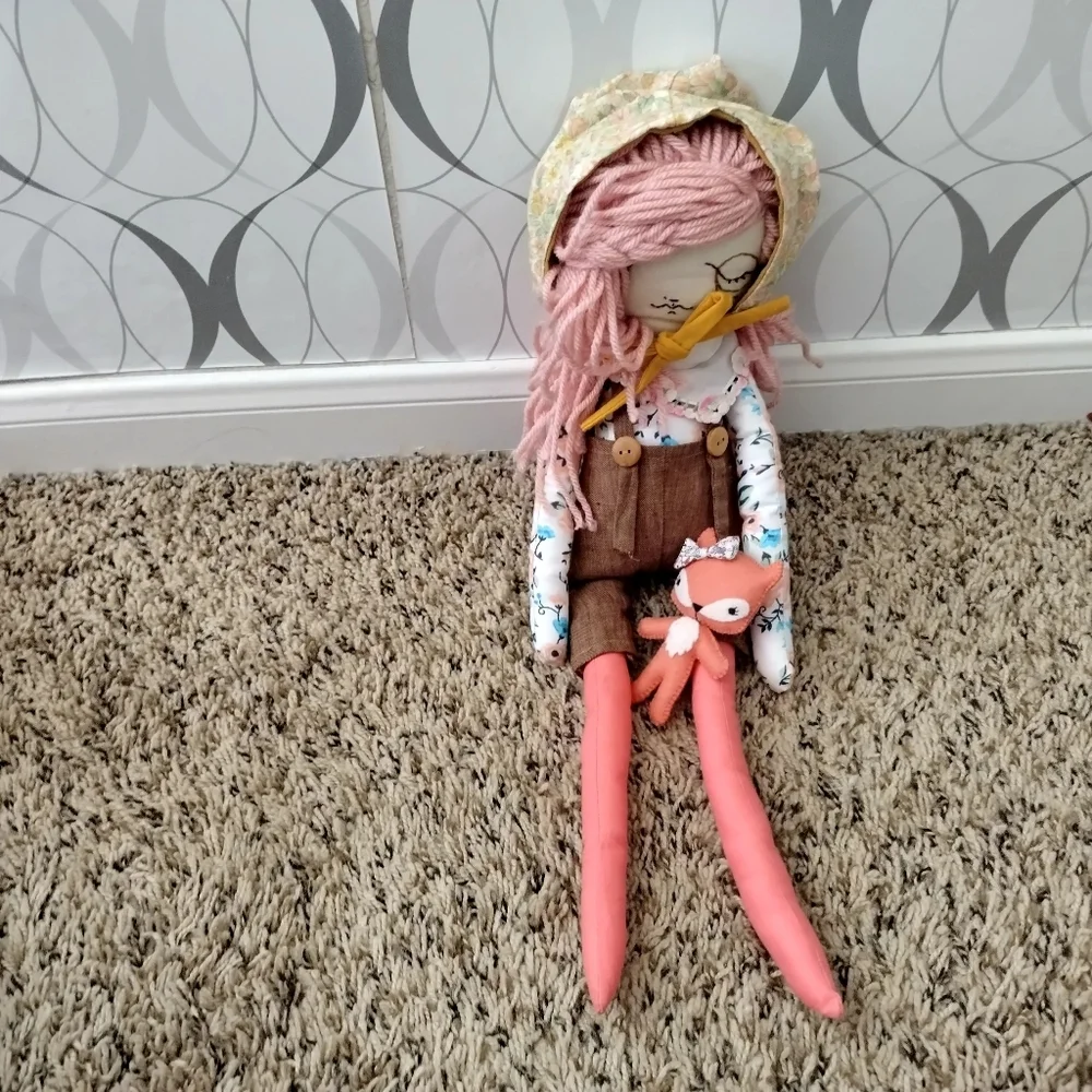 Handmade Heirloom Rag Doll Girl In Overalls